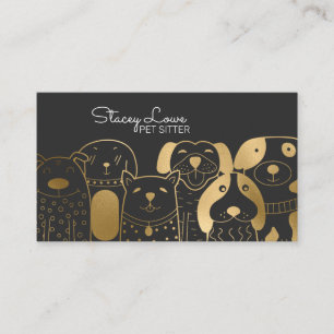  Chic Gold Cartoon Dogs Pet Sitter   Dog Walker Business Card
