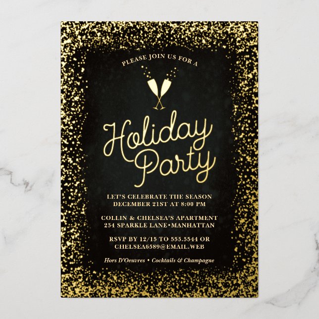 Chic Gold Champagne Glasses Holiday Party (Front)