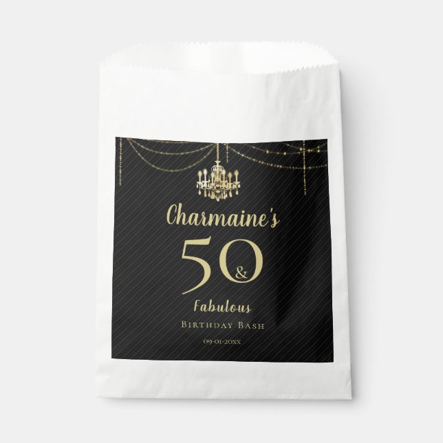 Chic Gold Chandelier 50 & Fabulous Black Birthday Favour Bags (Front)