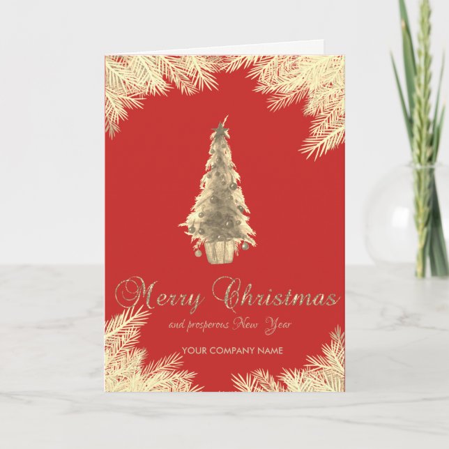 Chic Gold Christmas Tree,Branches,Red ,Corporate  Holiday Card (Front)