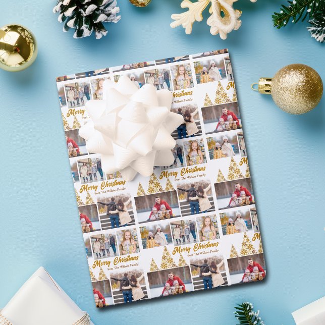Chic Gold Christmas Tree Family Photo Collage Wrapping Paper Sheet (Creator Uploaded)