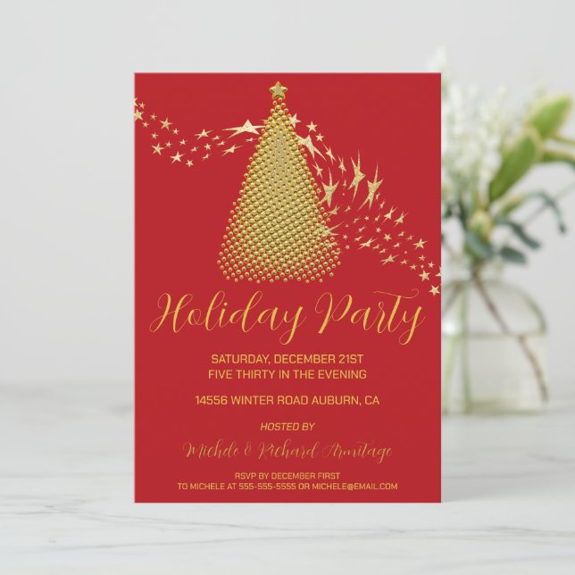 Chic Gold Christmas Tree Holiday Party Invitation (Standing Front)