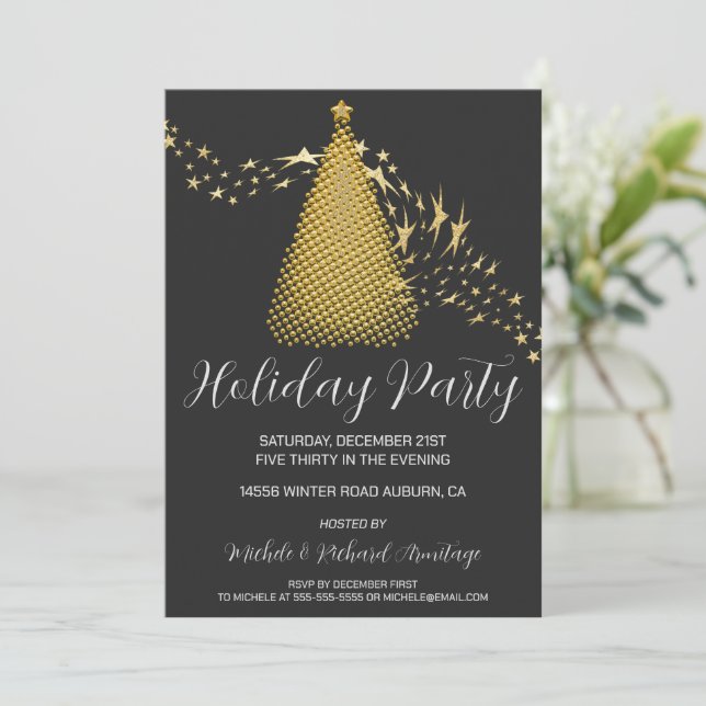 Chic Gold Christmas Tree Holiday Party Invitation (Standing Front)