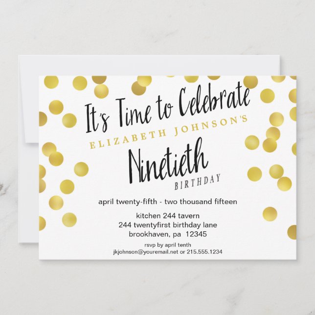 Chic Gold Confetti 90th Birthday Party Invite (Front)