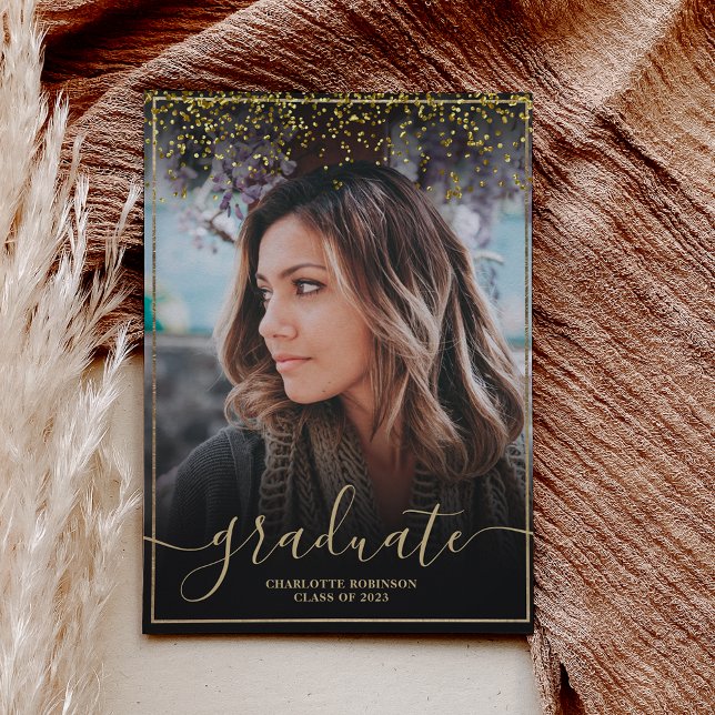 Chic gold confetti border script photo graduation invitation (Creator Uploaded)