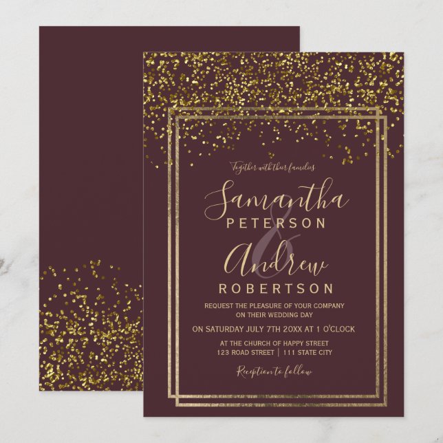 Chic gold confetti burgundy border wedding invitation (Front/Back)