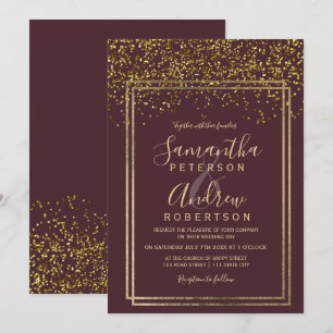 Chic gold confetti burgundy border wedding invitation