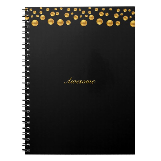 Chic Gold Confetti & Calligraphy on Black Notebook (Front)