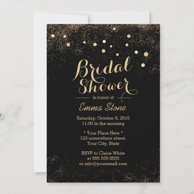 Chic Gold Confetti Dots Black Bridal Shower Invitation (Front)