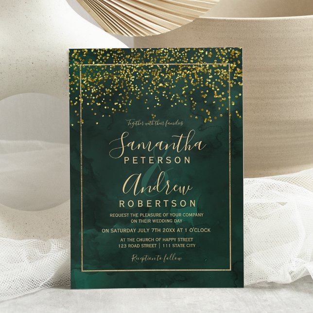 Chic gold confetti green typography wedding invitation (Creator Uploaded)