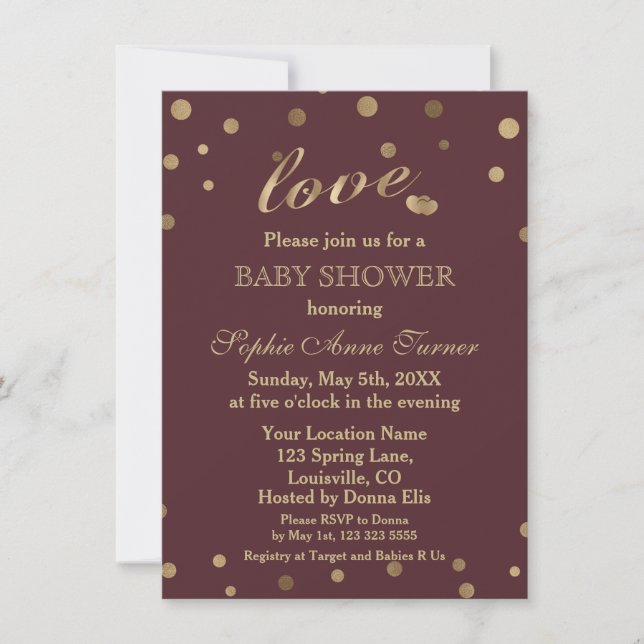 Chic Gold Confetti Love Burgundy Baby Shower Invitation (Front)