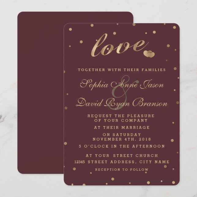 Chic Gold Confetti Love Burgundy Wedding Invite (Front/Back)