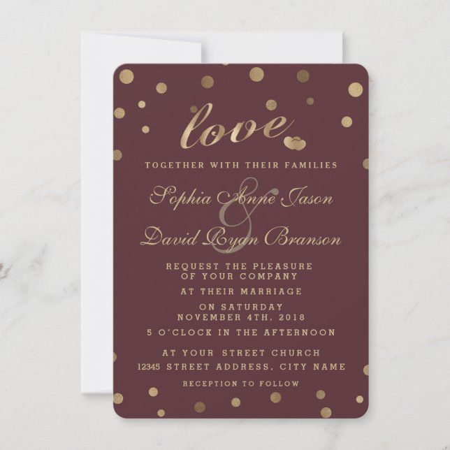 Chic Gold Confetti Love Burgundy Wedding Invite (Front)
