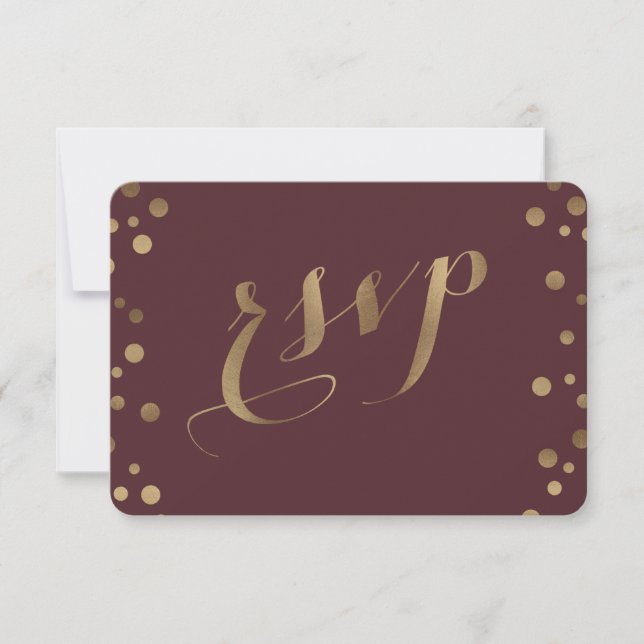 Chic Gold Confetti Love Burgundy Wedding RSVP (Front)