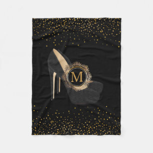Chic Gold Confetti Monogram   High Heels Black Fleece Blanket