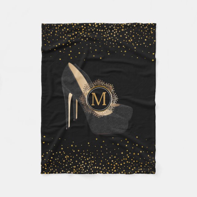 Chic Gold Confetti Monogram | High Heels Black Fleece Blanket (Front)