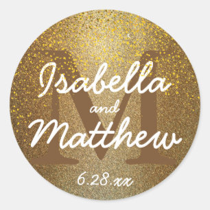 Chic Gold Confetti Monogram Name Wedding Sticker