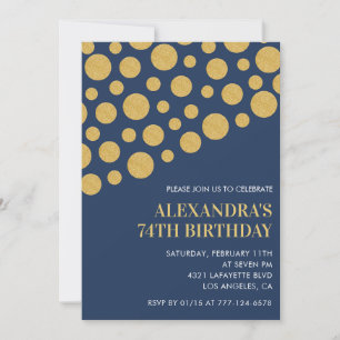 Chic Gold Confetti Navy Blue 74th birthday Invitation