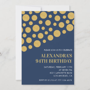 Chic Gold Confetti Navy Blue 94th birthday Invitation