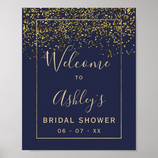 Chic gold confetti navy blue bridal shower welcome poster (Front)