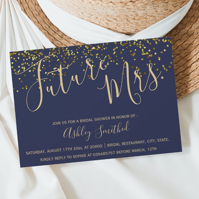 Chic gold confetti navy blue Mrs bridal shower Invitation (Creator Uploaded)