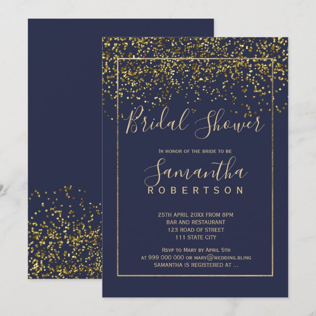 Chic gold confetti navy blue script bridal shower invitation (Front/Back)