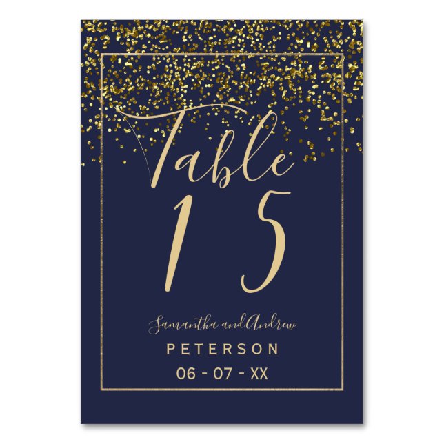 Chic gold confetti navy blue script wedding table number (Front)