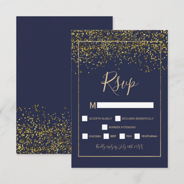 Chic gold confetti navy blue typography rsvp (Front/Back)