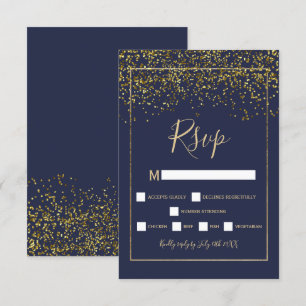 Chic gold confetti navy blue typography rsvp