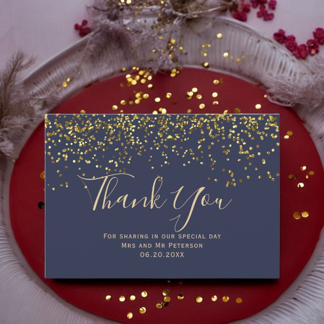 Chic gold confetti navy blue typography thank you card (Chic gold confetti navy blue typography thank you card)