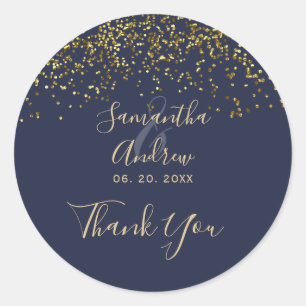 Chic gold confetti navy blue typography thank you classic round sticker