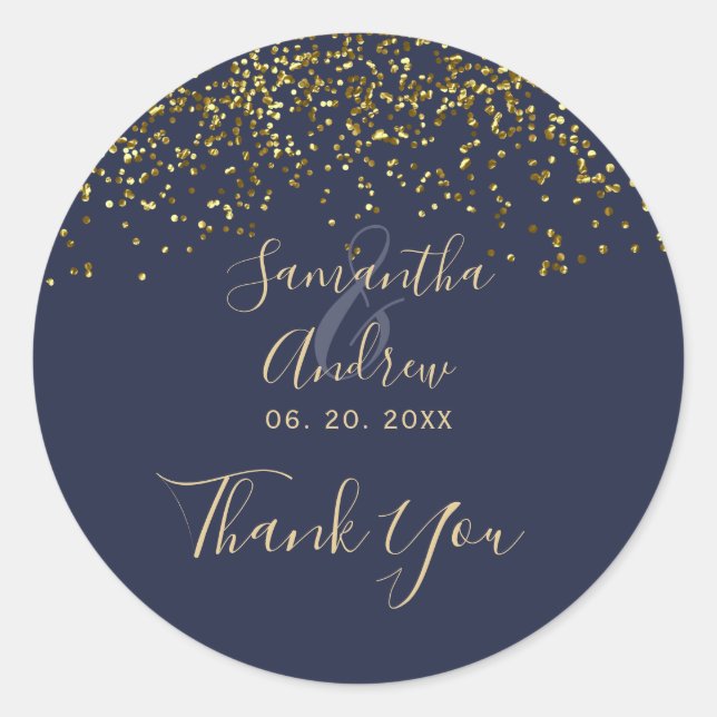 Chic gold confetti navy blue typography thank you classic round sticker (Front)