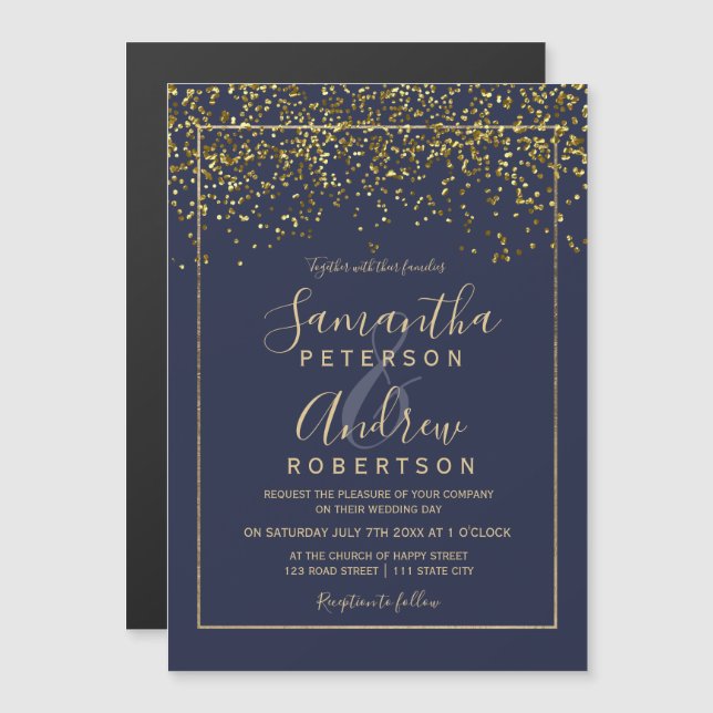 Chic gold confetti navy blue typography wedding magnetic invitation (Front/Back)