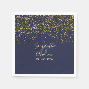 Chic gold confetti navy blue typography wedding napkin