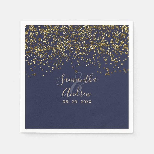 Chic gold confetti navy blue typography wedding napkin (Front)