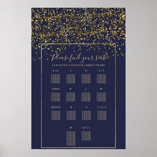 Chic gold confetti navy blue wedding seating chart (Front)