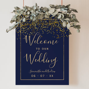 Chic gold confetti navy blue wedding welcome poster