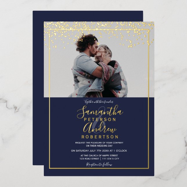 Chic gold confetti navy typography photo wedding (Front/Back)