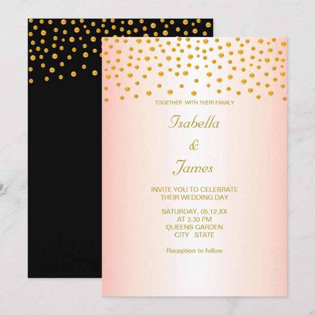 Chic Gold Confetti on Black & Rose Gold Invitation (Front/Back)