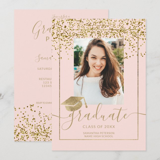 Chic gold confetti pink typography graduation invitation (Front/Back)