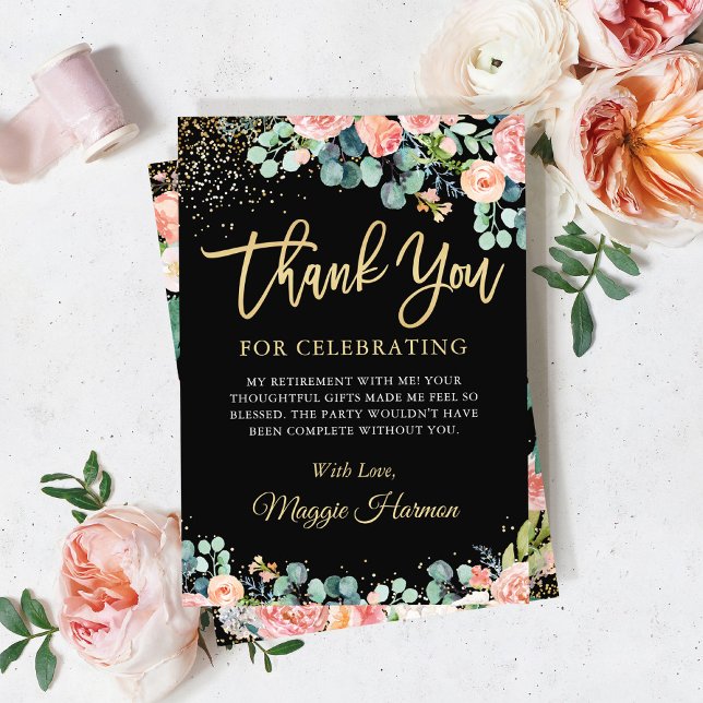 Chic Gold Coral Floral Surprise Retirement Party Thank You Card (Creator Uploaded)