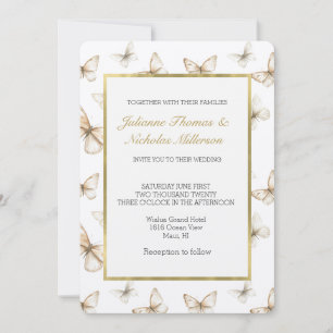 Chic Gold Cream White Butterflies Wedding   Invitation