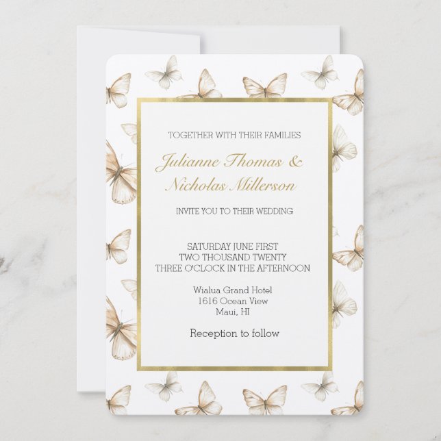 Chic Gold Cream White Butterflies Wedding   Invitation (Front)