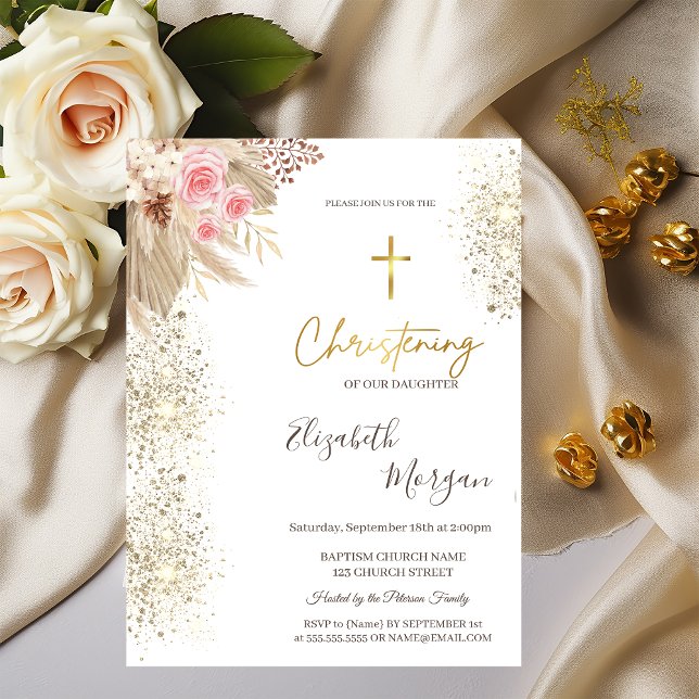Chic Gold Cross Baptism Gold Glitter Boho Flowers Invitation (Creator Uploaded)