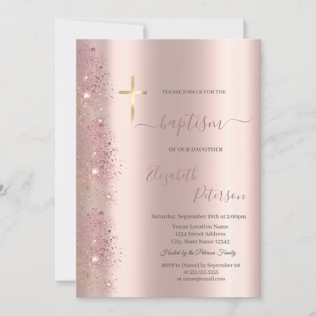 Chic Gold Cross Baptism Rose Gold Glitter Dust Invitation (Front)