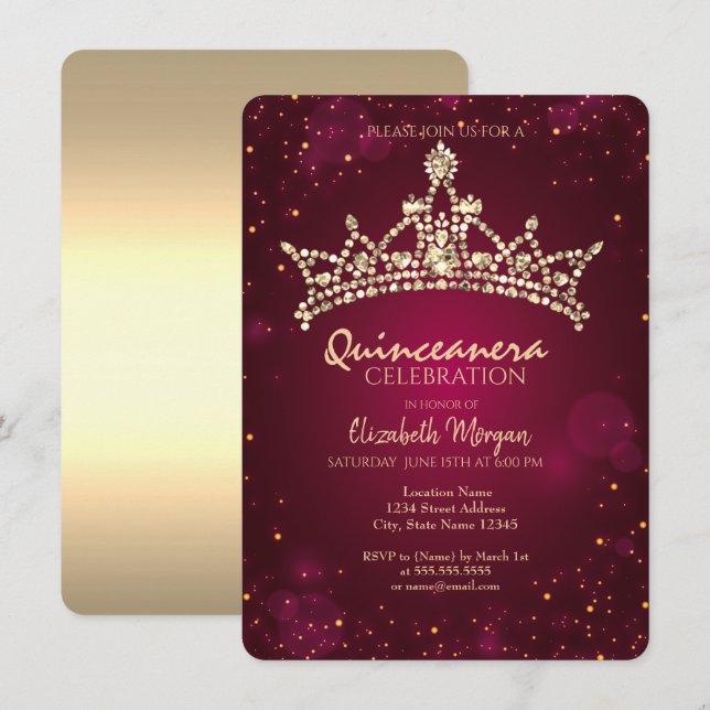 Chic Gold Crown Burgundy Quinceañera   Invitation (Front/Back)