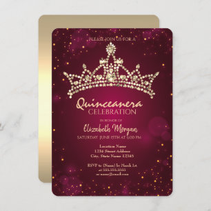Chic Gold Crown Burgundy Quinceañera   Invitation