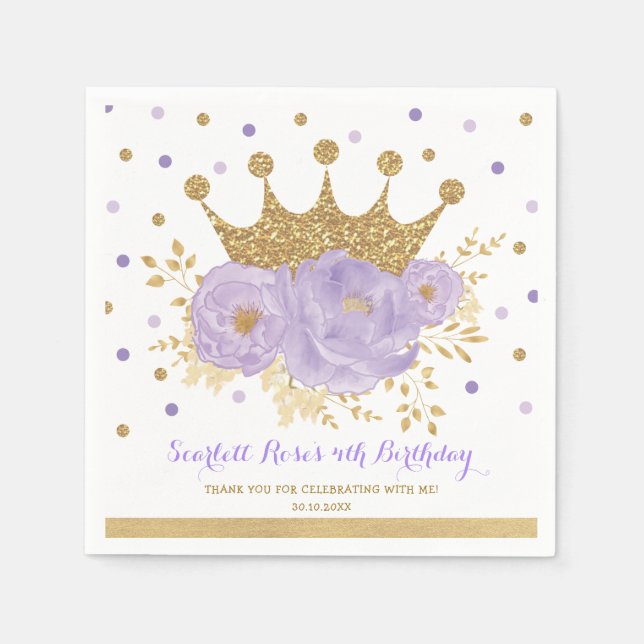 Chic Gold Crown Purple Floral Princess Birthday Napkin (Front)