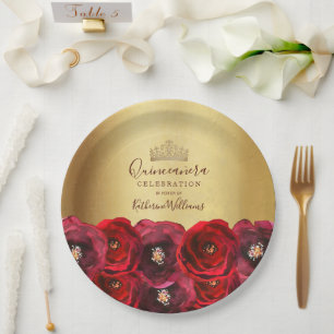 Chic Gold Crown Red Rose Floral Quinceañera Paper Plate