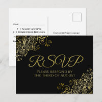 Chic Gold Curls & Swirls on Black Wedding RSVP